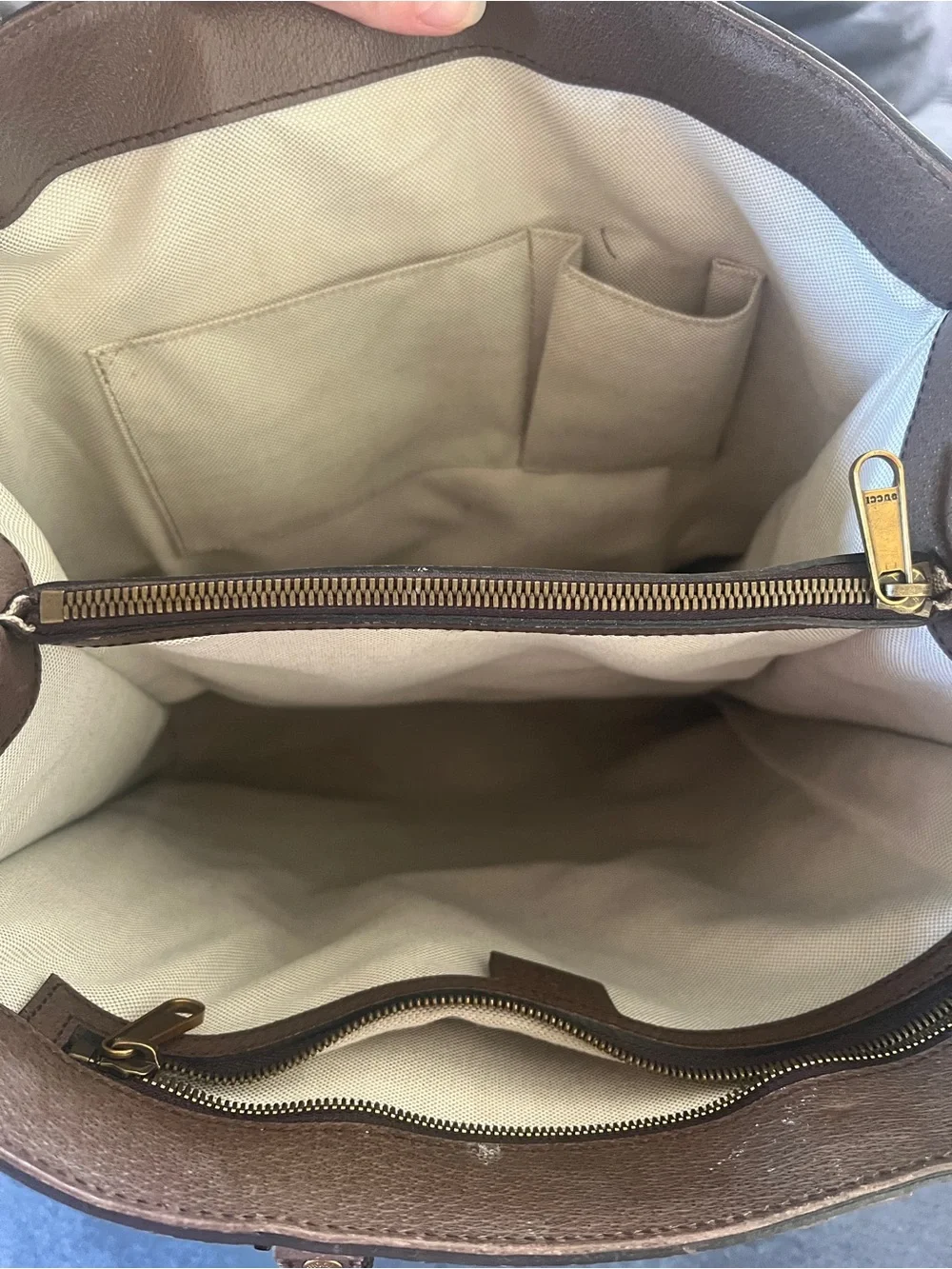 Gucci Brown GG Canvas Laptop Bag with Red and Green Striped Strap